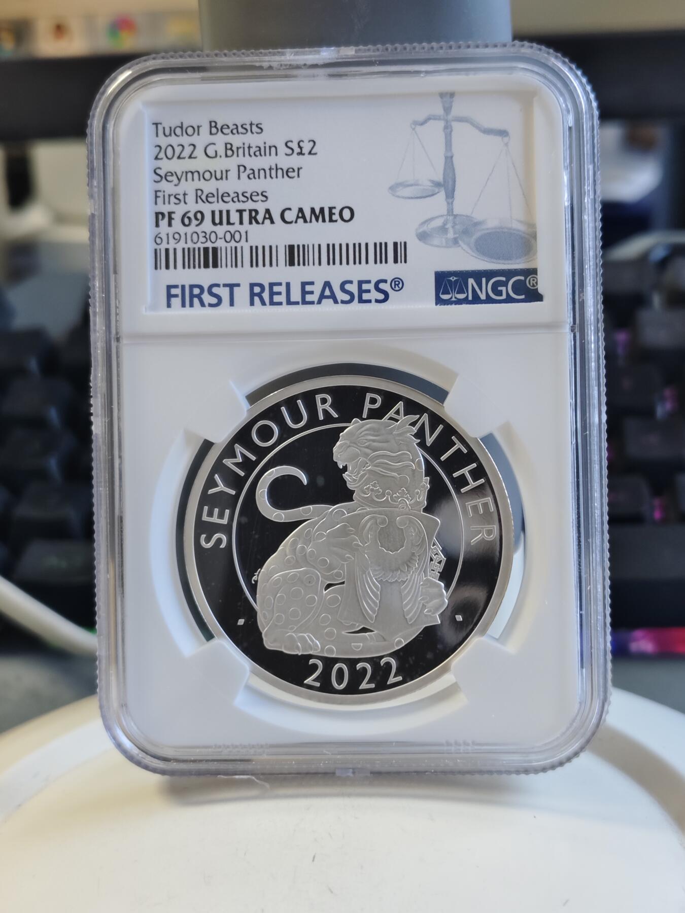 第168期拍卖【长期征集拍品】 英国2022年都铎王朝神兽西摩豹1盎司精制纪念银币NGC-PF69首原盒证书，,999银，发行量7010枚