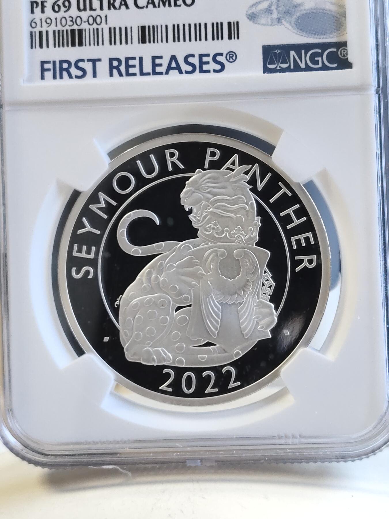 第168期拍卖【长期征集拍品】 英国2022年都铎王朝神兽西摩豹1盎司精制纪念银币NGC-PF69首原盒证书，,999银，发行量7010枚