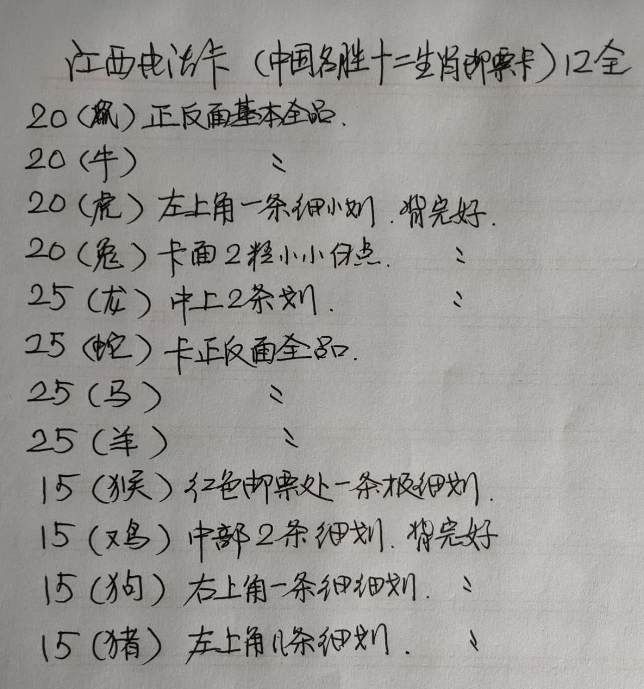 公藏第42期裸卡拍卖 江西田村卡（中国名胜十二生肖邮票卡）12全，该卡无钢印码，品相见描述。