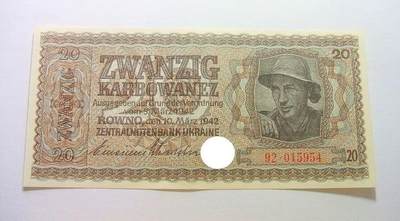 德国第三帝国占乌克兰1942年20卡博瓦内斯（等同20马克） 爽品 - 德国第三帝国占乌克兰1942年20卡博瓦内斯（等同20马克） 爽品