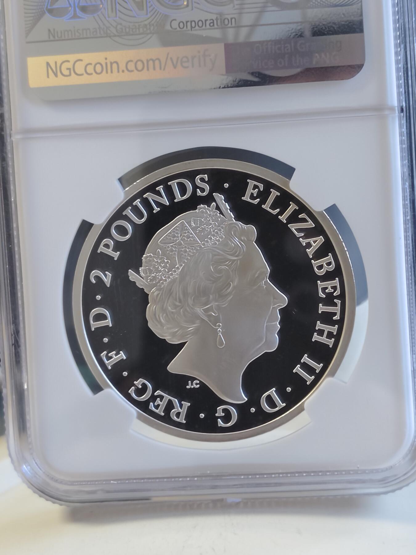 第168期拍卖【长期征集拍品】 英国2022年都铎王朝神兽西摩豹1盎司精制纪念银币NGC-PF69首原盒证书，,999银，发行量7010枚