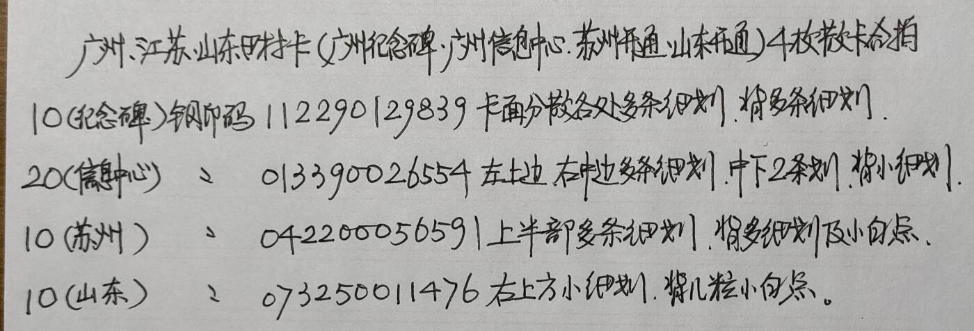 公藏第42期裸卡拍卖 广州，江苏，山东田村卡（起义纪念碑，信息服务中心，苏州开通，山东开通）4枚新散卡合拍，品相钢印码见描述。