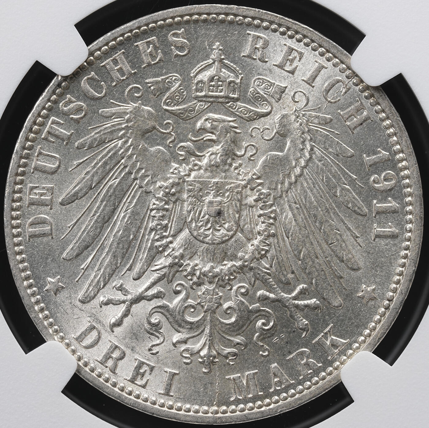 修遠堂世界钱币第六十六期 NGC MS63 1911年汉堡3马克银币