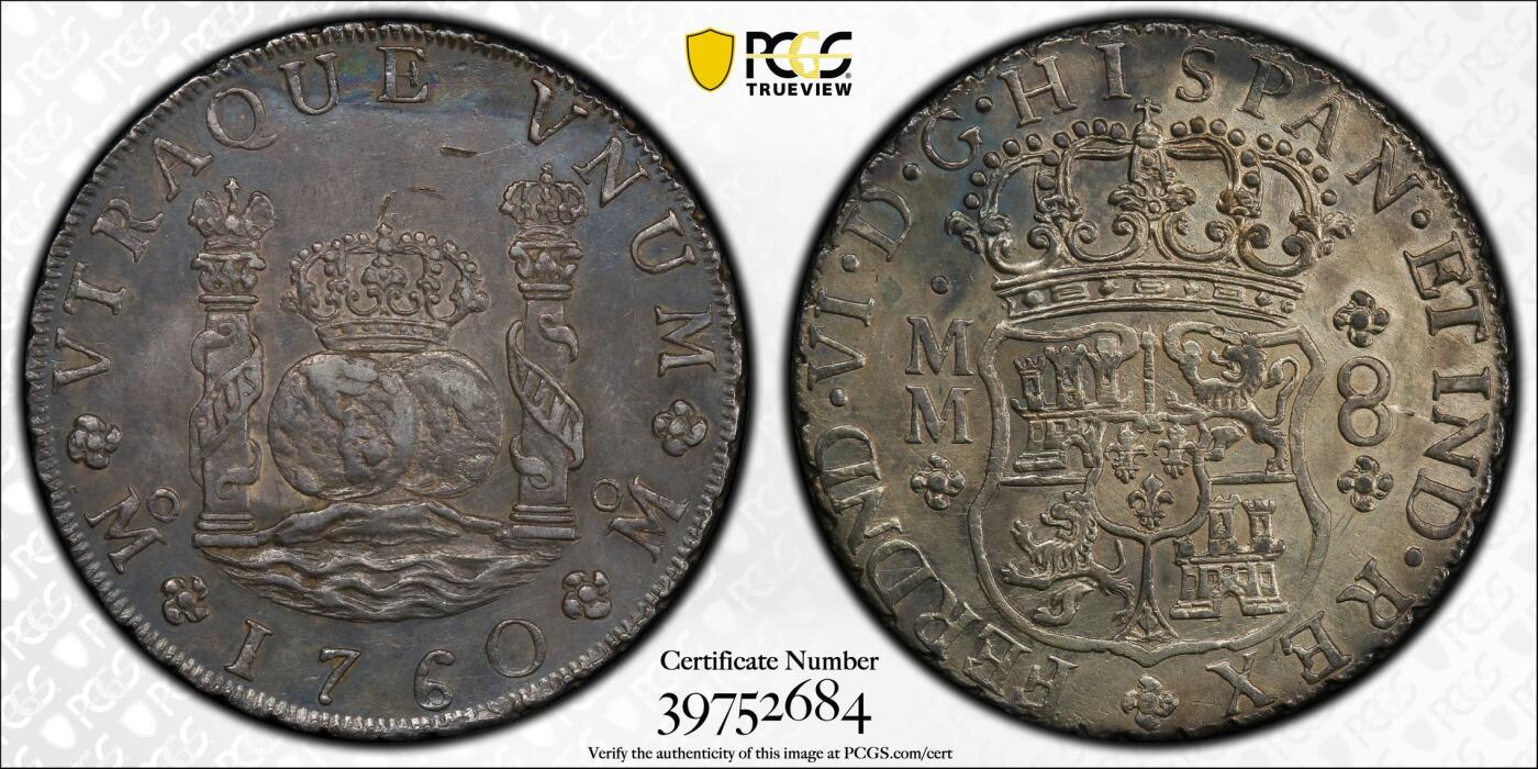 博洋堂美国及美洲钱币专场拍卖暨第119期（全场包邮） PCGS AU 西属墨西哥1760年MO MM斐迪南六世地球双柱，深打漂亮，过渡年份难得，名家旧藏，出分无敌
