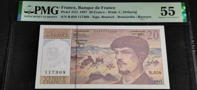 刘世昌艺术品销售中心～虎踞龙蟠*金杨在线联拍群第514期 - 法国1997年“作曲家：德彪西”20法郎（PMG    55    号码：B.058 117309）1枚。