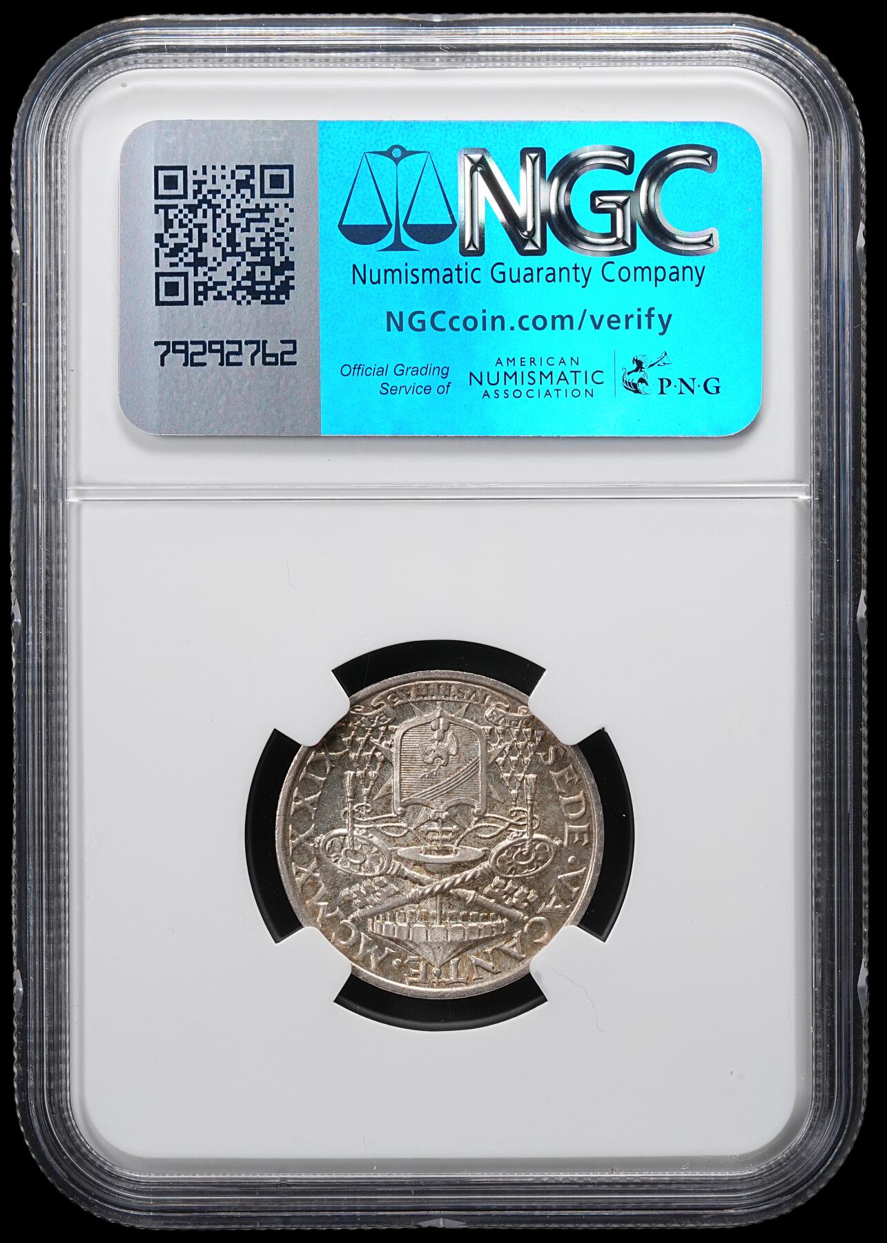 修遠堂世界钱币第六十六期 NGC MS66 1939年梵蒂冈教皇缺位5里拉银币 纸袋包浆 仅4万铸造量