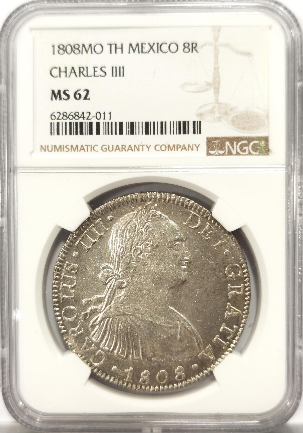 博洋堂美国及美洲钱币专场拍卖暨第119期（全场包邮） NGC MS62 西属墨西哥1808年MO TH卡洛斯四世双柱银币，少见的二面深打，细节完美，银光闪闪，一步到位的收藏级，外拍价格已经涨起