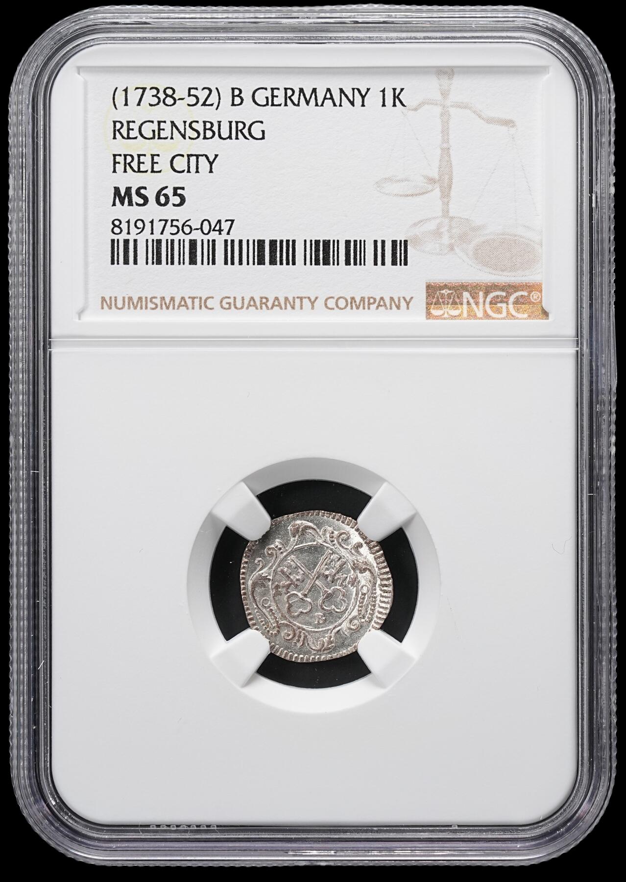 修遠堂世界钱币第六十六期 NGC MS65 1738-52年神罗治下德国雷根斯堡自由市1克鲁泽银币