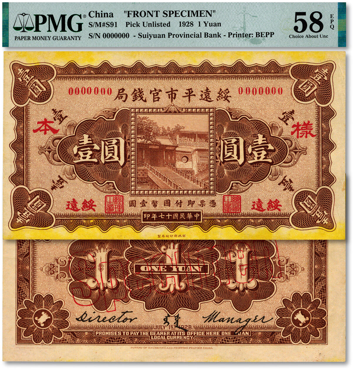 泓盛2025年春季拍卖会 纸币 民国十七年（1928年）绥远平市官钱局壹圆样本，正背共2枚，绥远地名，少见，纸张硬挺厚实，纹理清晰，凹凸明显，色彩浓郁醇厚，原汁原味，九五成新（低评，PMG-58EPQ、55/2323468-057、058）