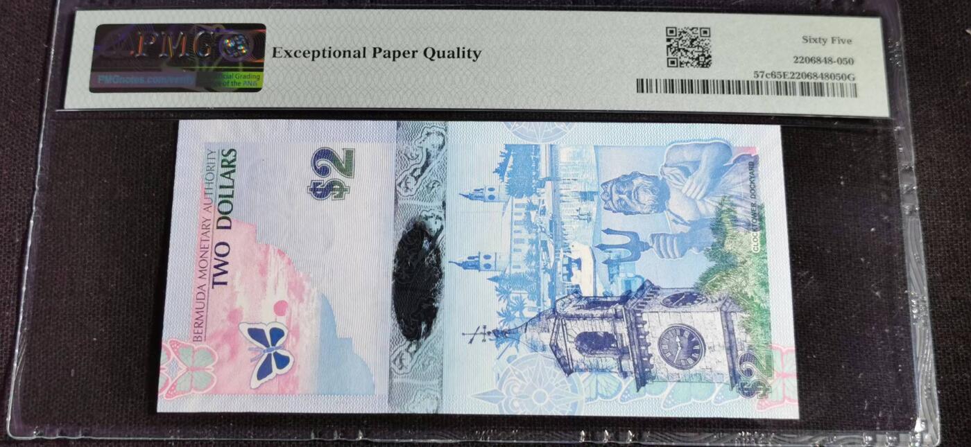 刘世昌艺术品销售中心～虎踞龙蟠*金杨在线联拍群第514期 百慕大2009年2元（PMG 65E 号码：A/2 354488）1枚。此币荣获当年IBNS世界纸币大奖赛“最佳纸币”大奖。