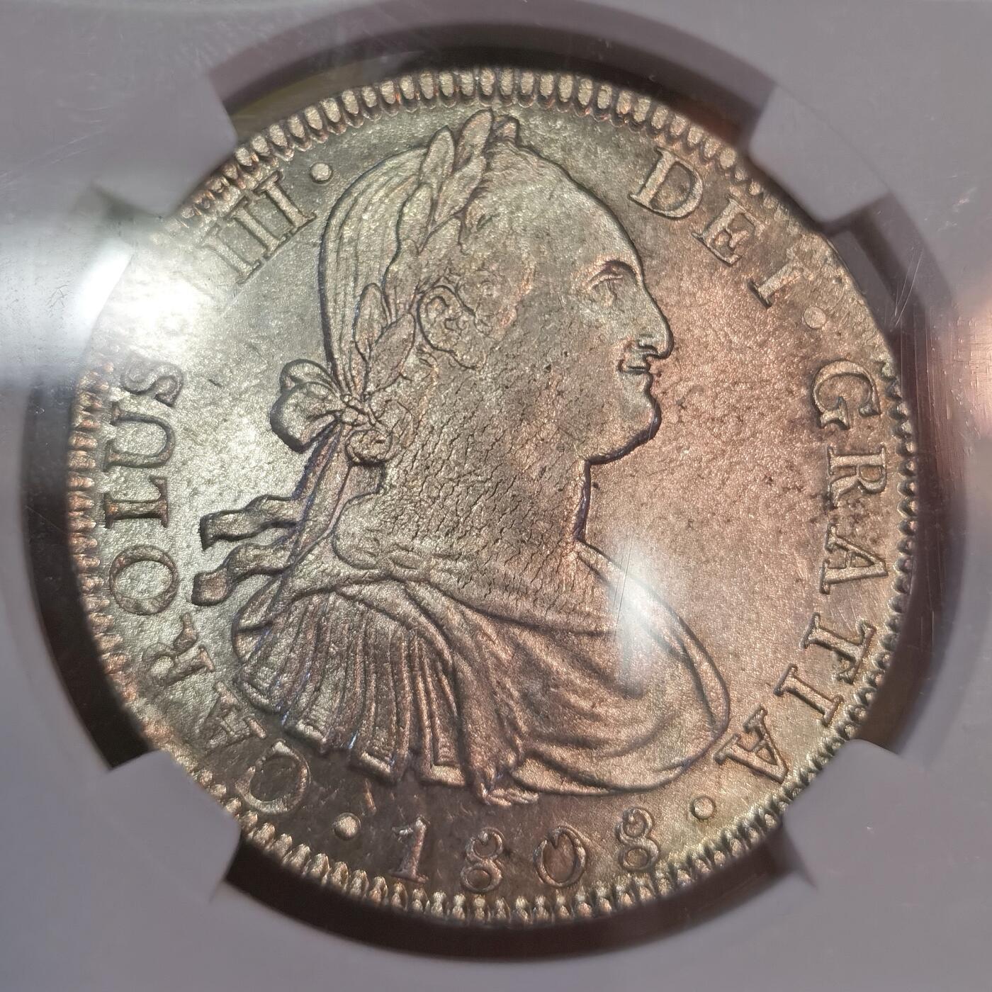 博洋堂美国及美洲钱币专场拍卖暨第119期（全场包邮） NGC MS62 西属墨西哥1808年MO TH卡洛斯四世双柱银币，少见的二面深打，细节完美，银光闪闪，一步到位的收藏级，外拍价格已经涨起