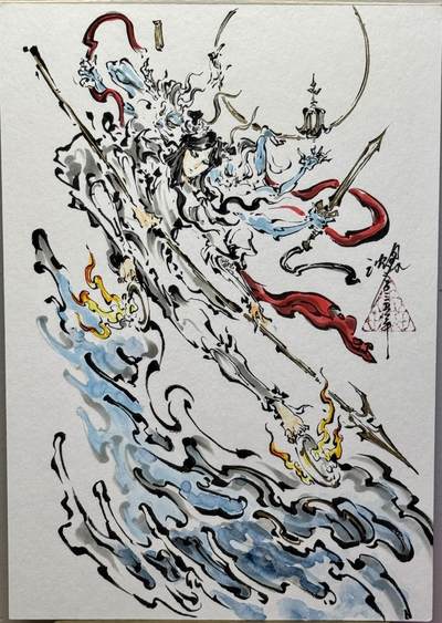 白泽拍卖卡牌手绘专场第16期（未知东郭清明酒，何似西窗谷雨茶） - 2025 沈鑫手绘画 哪吒 尺寸：14.5cm*21cm