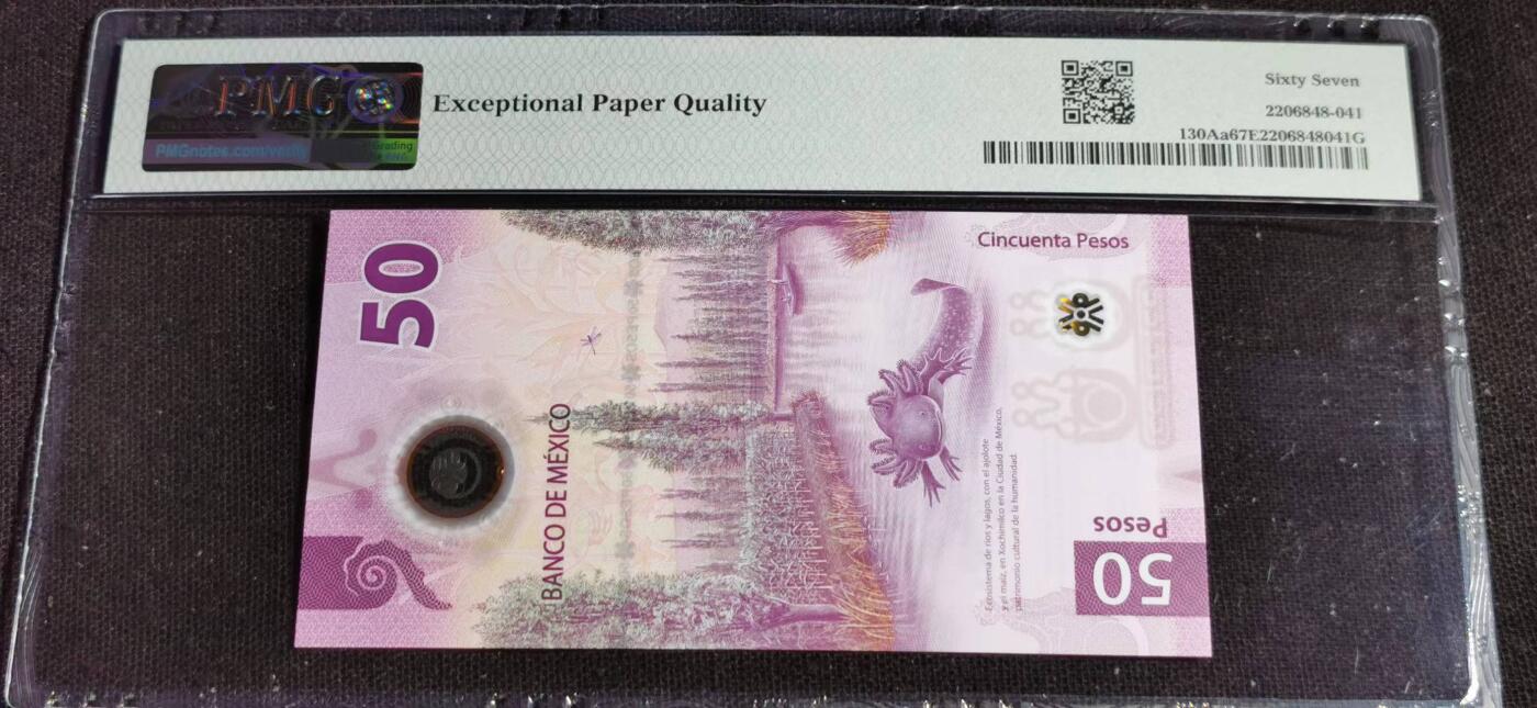 刘世昌艺术品销售中心～虎踞龙蟠*金杨在线联拍群第514期 墨西哥2021年50比索（PMG 67E 号码：AA6228697）1枚。此币荣获当年IBNS世界纸币大奖赛“最佳纸币”大奖。