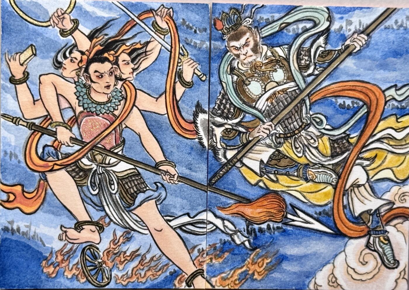白泽拍卖卡牌手绘专场第16期（未知东郭清明酒，何似西窗谷雨茶） 2025 卢艺丰手绘卡2张 哪吒对悟空双拼卡背简绘 卢艺丰亲签 卡砖封装