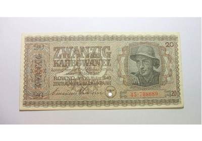 德国第三帝国占乌克兰1942年20卡博瓦内斯（等同20马克） 极美品 - 德国第三帝国占乌克兰1942年20卡博瓦内斯（等同20马克） 极美品