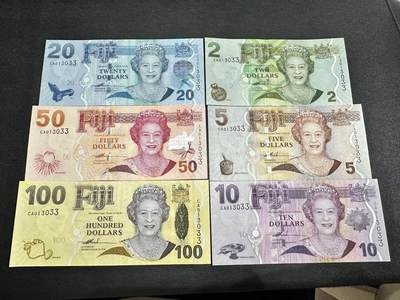 《外钞收藏家》第五百一十四期（精美套币、牛货场）（长期征集拍品、欢迎联系） - 全新斐济女王全同号六张一套，无47 数三