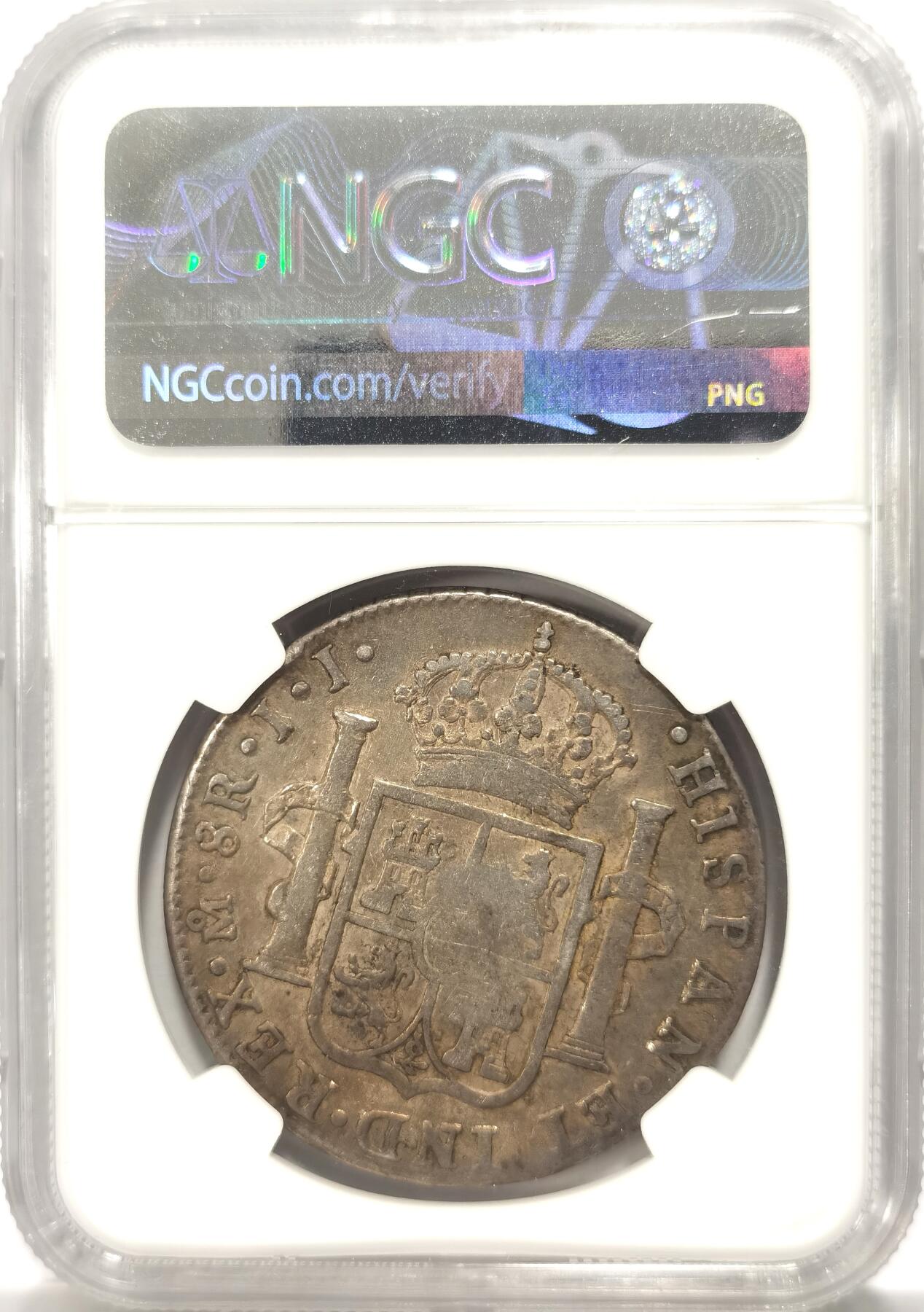 博洋堂美国及美洲钱币专场拍卖暨第119期（全场包邮） NGC VF35 葡萄牙1834年玛丽亚二世870R银币，加盖墨西哥1821年MO JJ斐迪南七世双柱，罕见加盖品种，有分难得，香港4月sbp拍卖一枚Fine没分的成交价1140美金