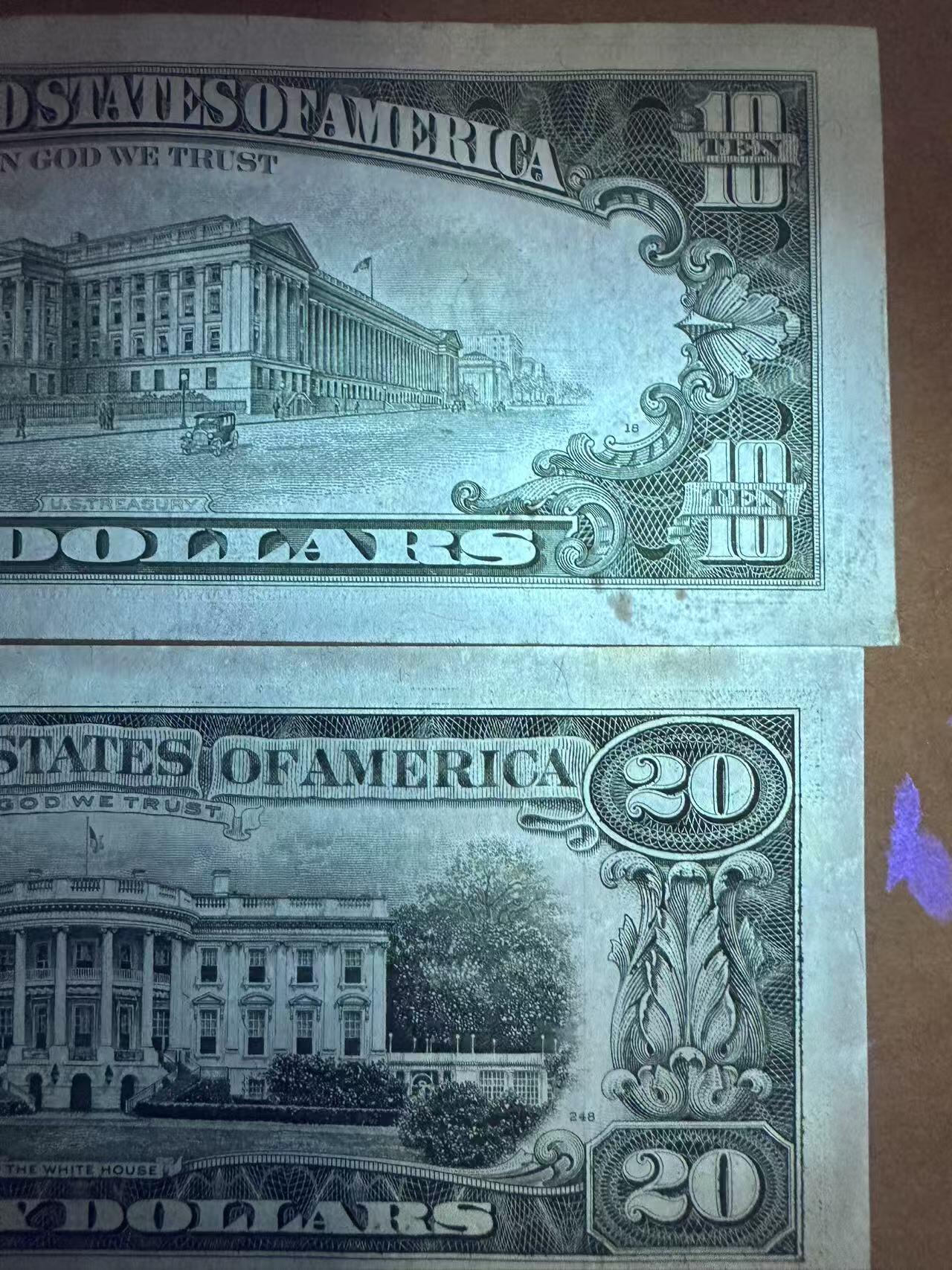 纸币场无佣金 流通好品 美國20,10小頭 