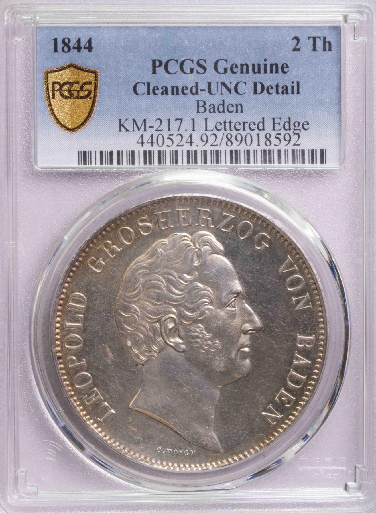 PCGS-UNCD 1844巴登纪念碑两泰勒大银币细节完美