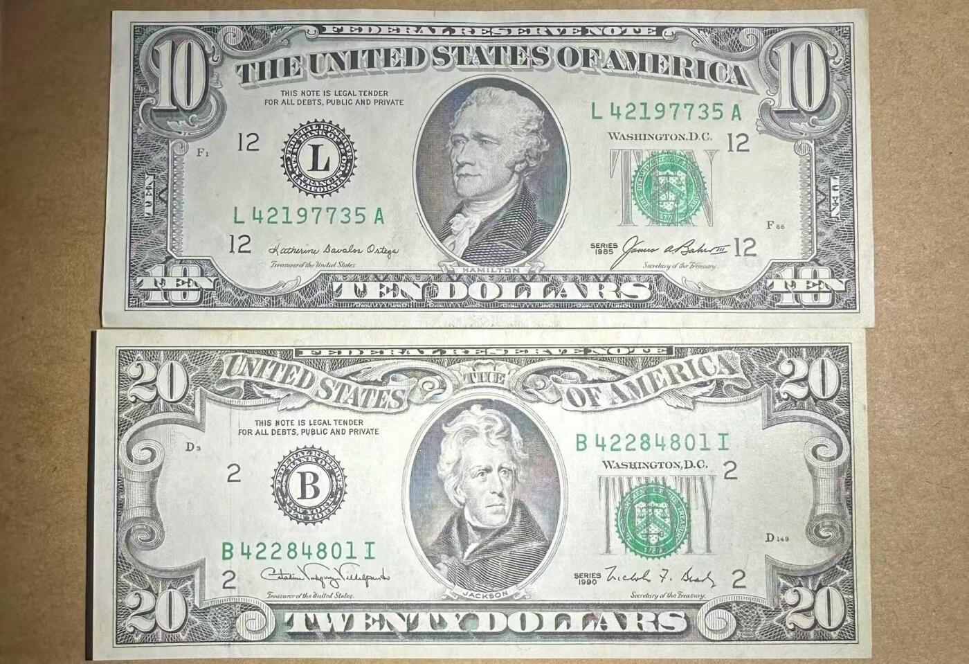 纸币场无佣金 流通好品 美國20,10小頭 