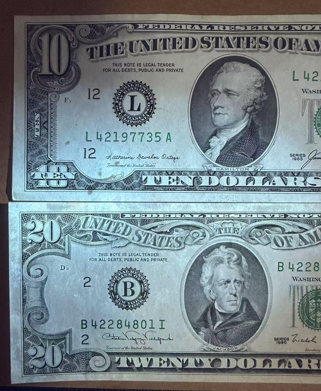 纸币场无佣金 流通好品 美國20,10小頭 