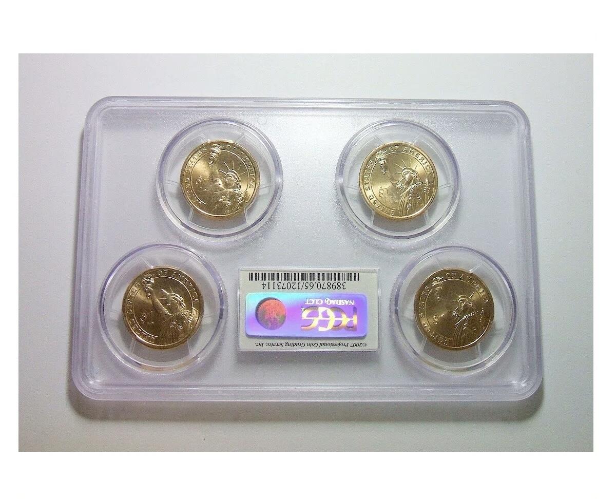 少见大盒PCGS MS65 美国杰斐逊1元总统币 4个版全齐 开卷原光 
