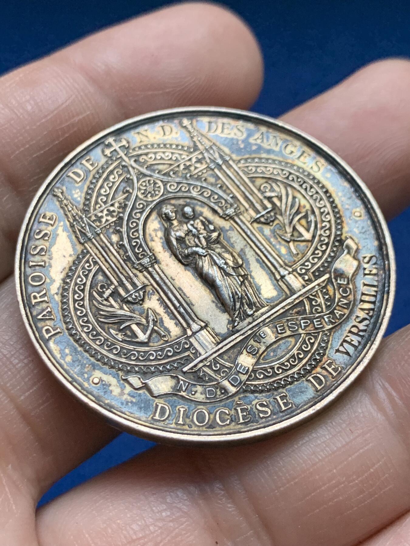 《竞宝斋》第375场 周日，周一，周二 3场连拍 （全场包邮） 1886年法国凡尔赛天主教婚礼银章 丰饶角银 25.6g 39.2mm