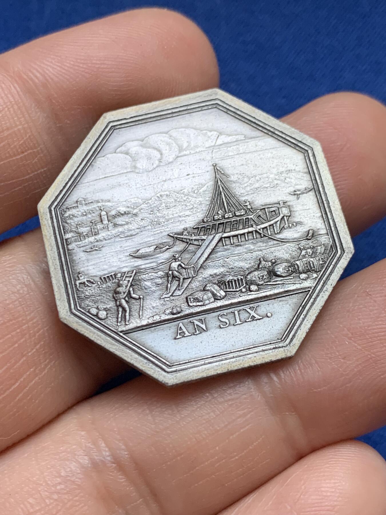 《竞宝斋》第375场 周日，周一，周二 3场连拍 （全场包邮） 法国八角银质代币，塞纳河运输，19g，32.3mm，丰饶角1+带500编号边铭