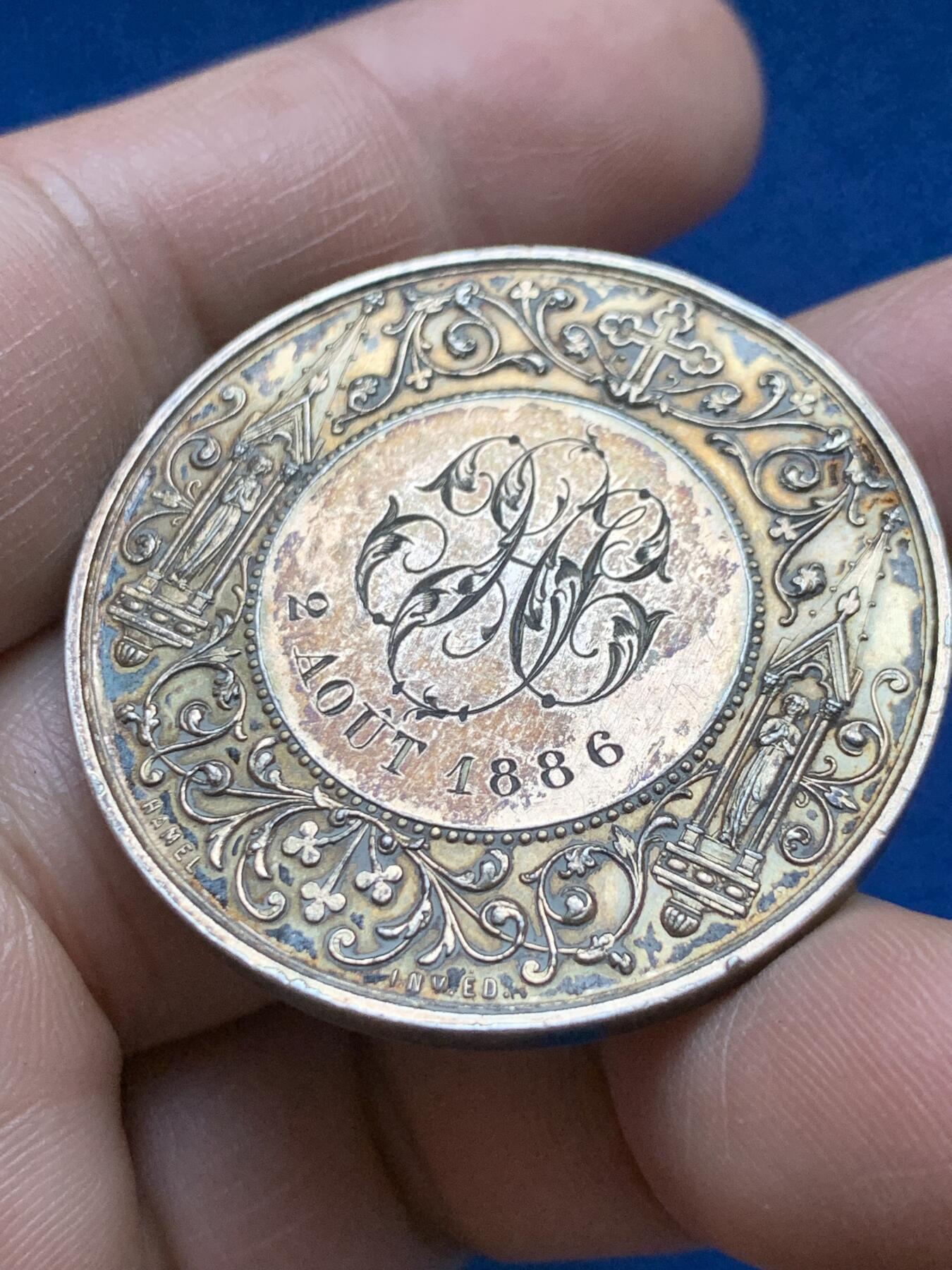 《竞宝斋》第375场 周日，周一，周二 3场连拍 （全场包邮） 1886年法国凡尔赛天主教婚礼银章 丰饶角银 25.6g 39.2mm