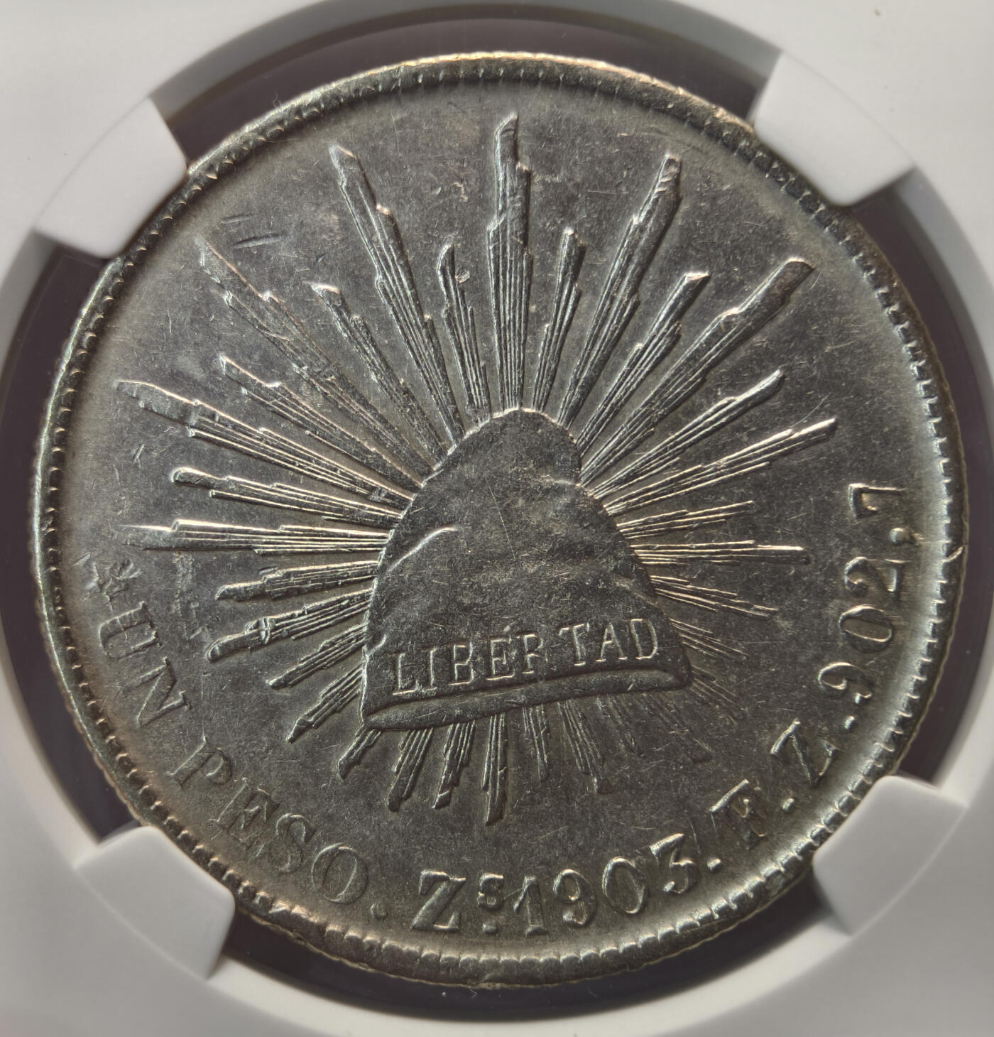 紫瑗钱币——第537期 墨西哥 1903年 ZS FZ 在华流通 直边鹰洋 1比索 银币 NGC AU DETAIL