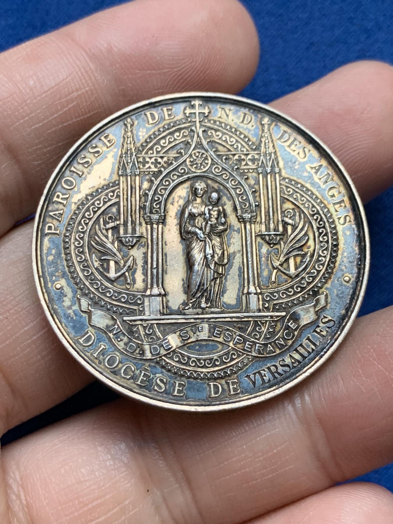 《竞宝斋》第375场 周日，周一，周二 3场连拍 （全场包邮） 1886年法国凡尔赛天主教婚礼银章 丰饶角银 25.6g 39.2mm