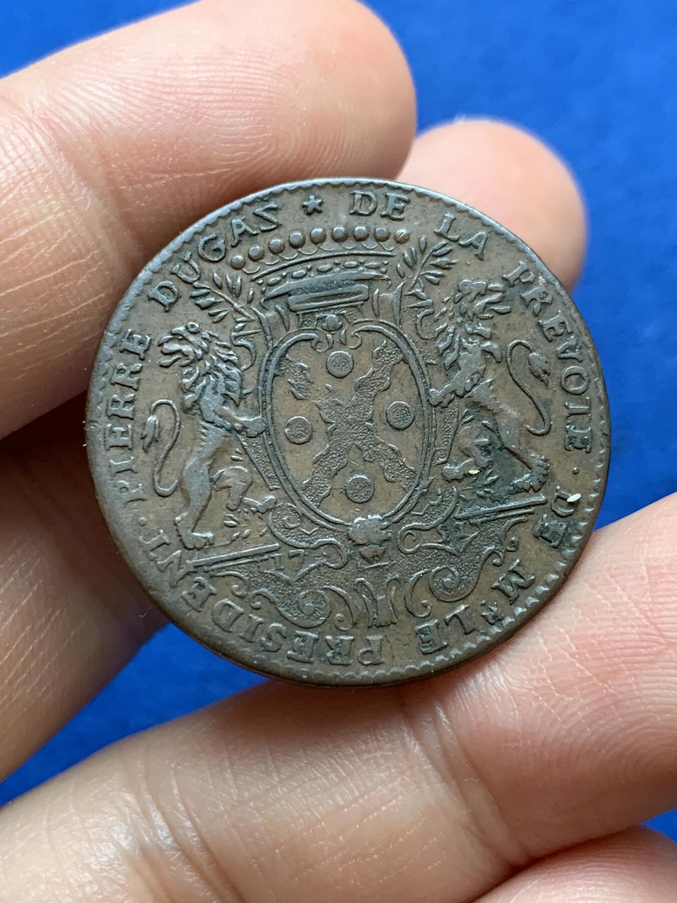 《竞宝斋》第375场 周日，周一，周二 3场连拍 （全场包邮） 法国1751年带有里昂市长Pierre Dugas徽章的铜质代币，9.7g，30.3mm