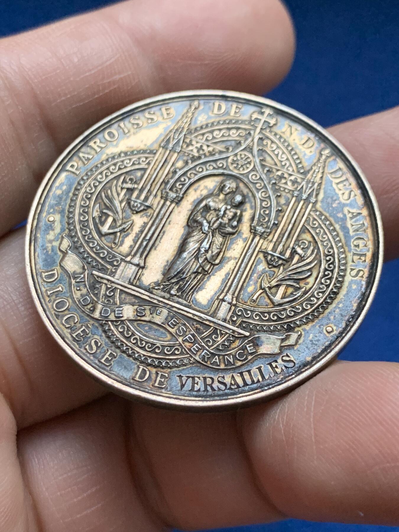 《竞宝斋》第375场 周日，周一，周二 3场连拍 （全场包邮） 1886年法国凡尔赛天主教婚礼银章 丰饶角银 25.6g 39.2mm