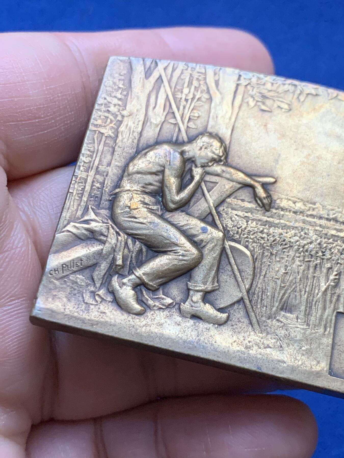 《竞宝斋》第375场 周日，周一，周二 3场连拍 （全场包邮） 法国章牌大师Charles Pillet 农业竞赛铜章，88.4g，48*64.2mm，丰饶角边铭