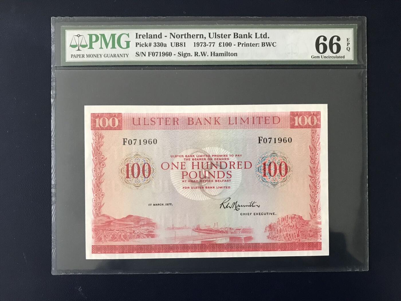 北爱尔兰阿尔斯特银行1977年100镑 PMG66EPQ F071960