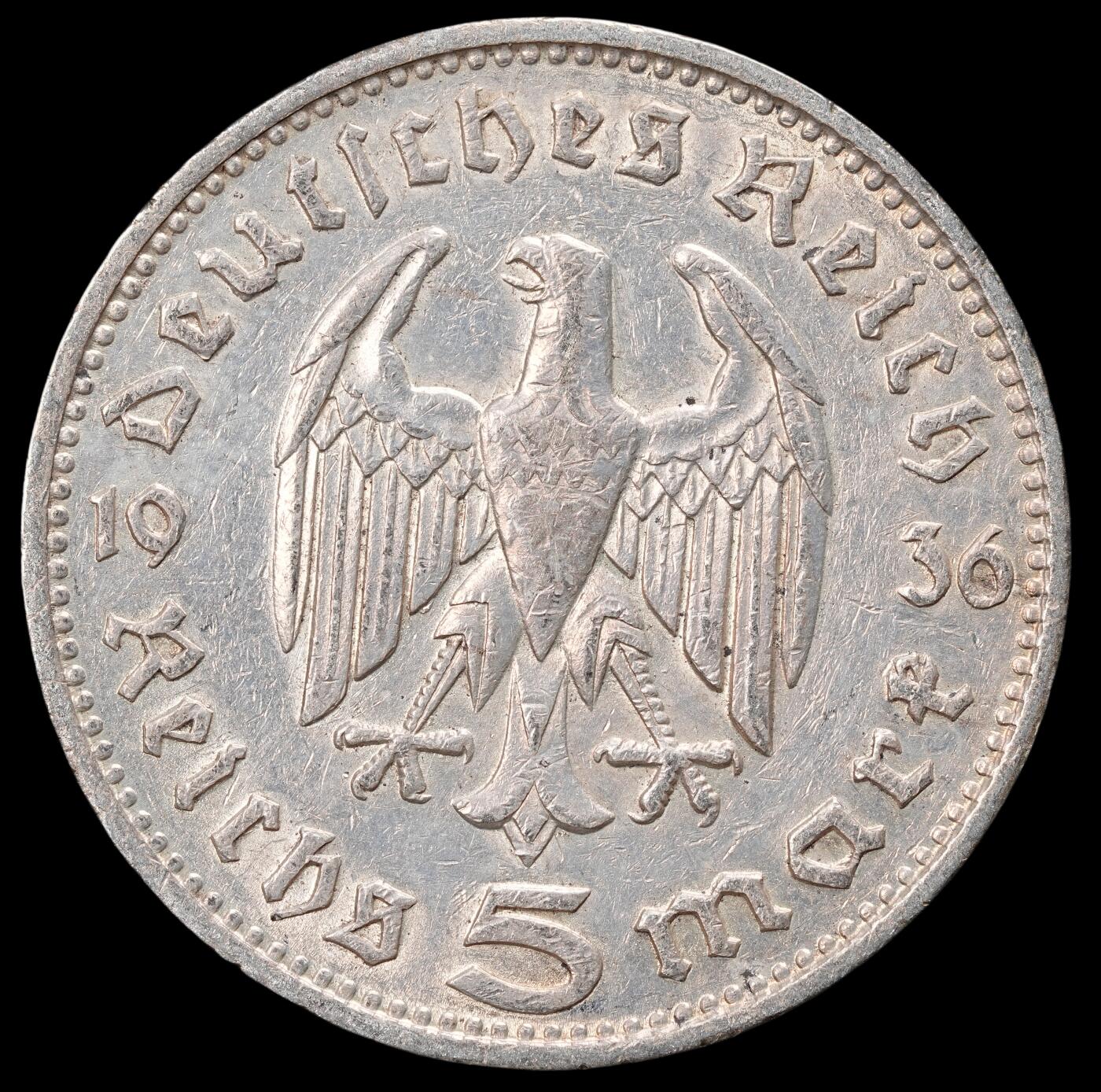 修遠堂世界钱币第六十六期 1936年德三兴登堡5马克银币 G厂铭