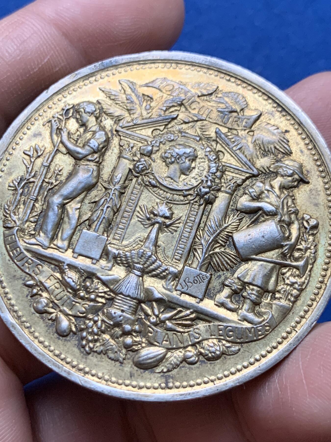 《竞宝斋》第375场 周日，周一，周二 3场连拍 （全场包邮） 法国Bottee 多姆山省园艺与葡萄栽培协会镀金银章，62.22g，50.6mm，边铭：密涅瓦厂标+菱形argent 950/1000