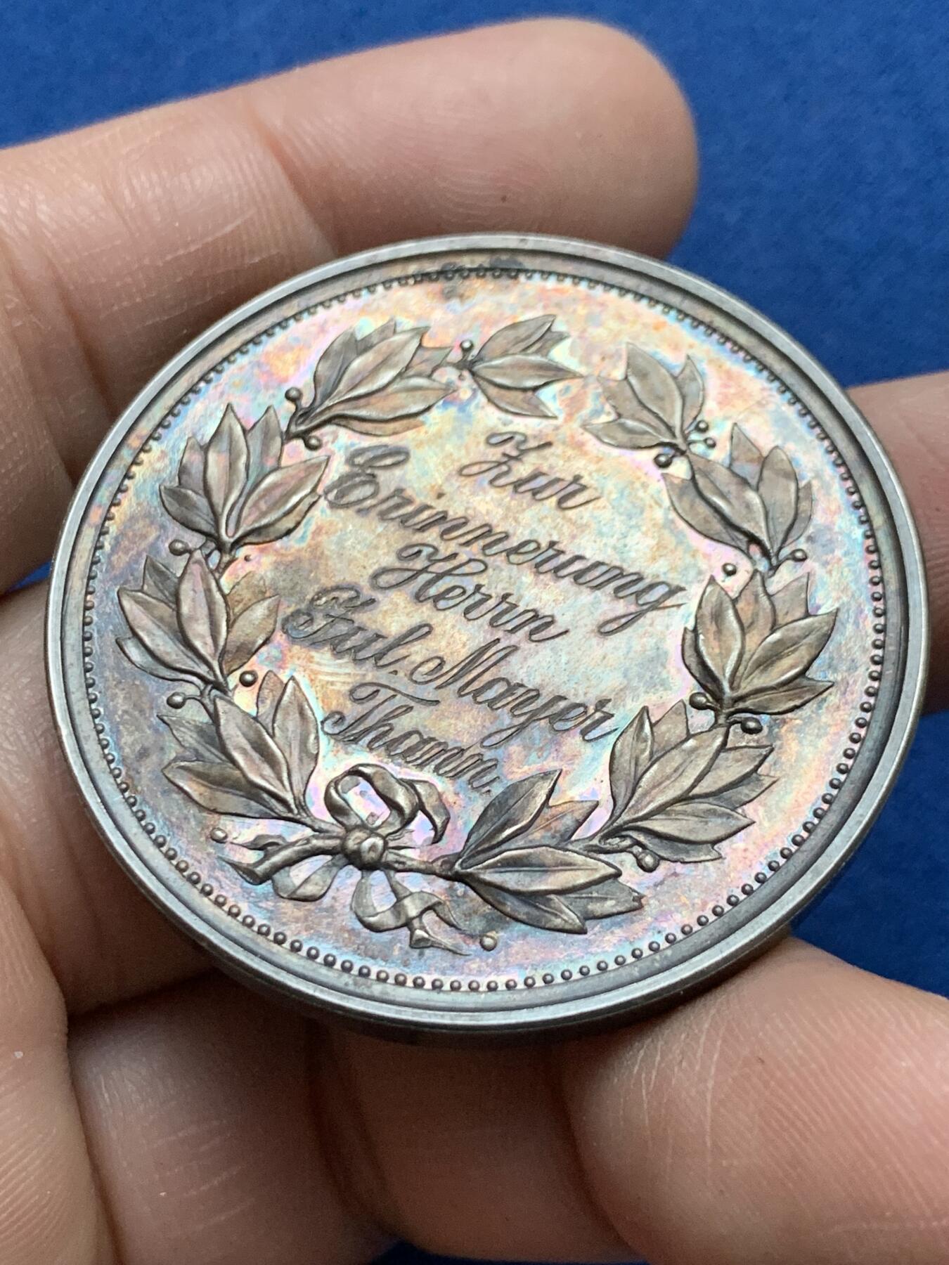 《竞宝斋》第375场 周日，周一，周二 3场连拍 （全场包邮） 德国1899年阿尔萨斯农业展镀银铜章，带原盒，31.5克，43mm