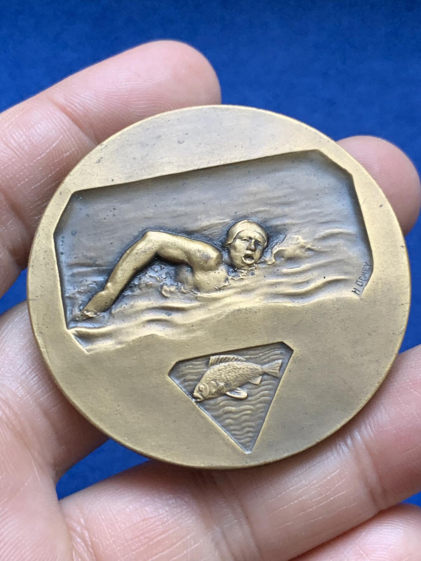 《竞宝斋》第375场 周日，周一，周二 3场连拍 （全场包邮） 法国体育部长颁发游泳比赛铜章 带盒 63g 49.7mm 丰饶角铜标