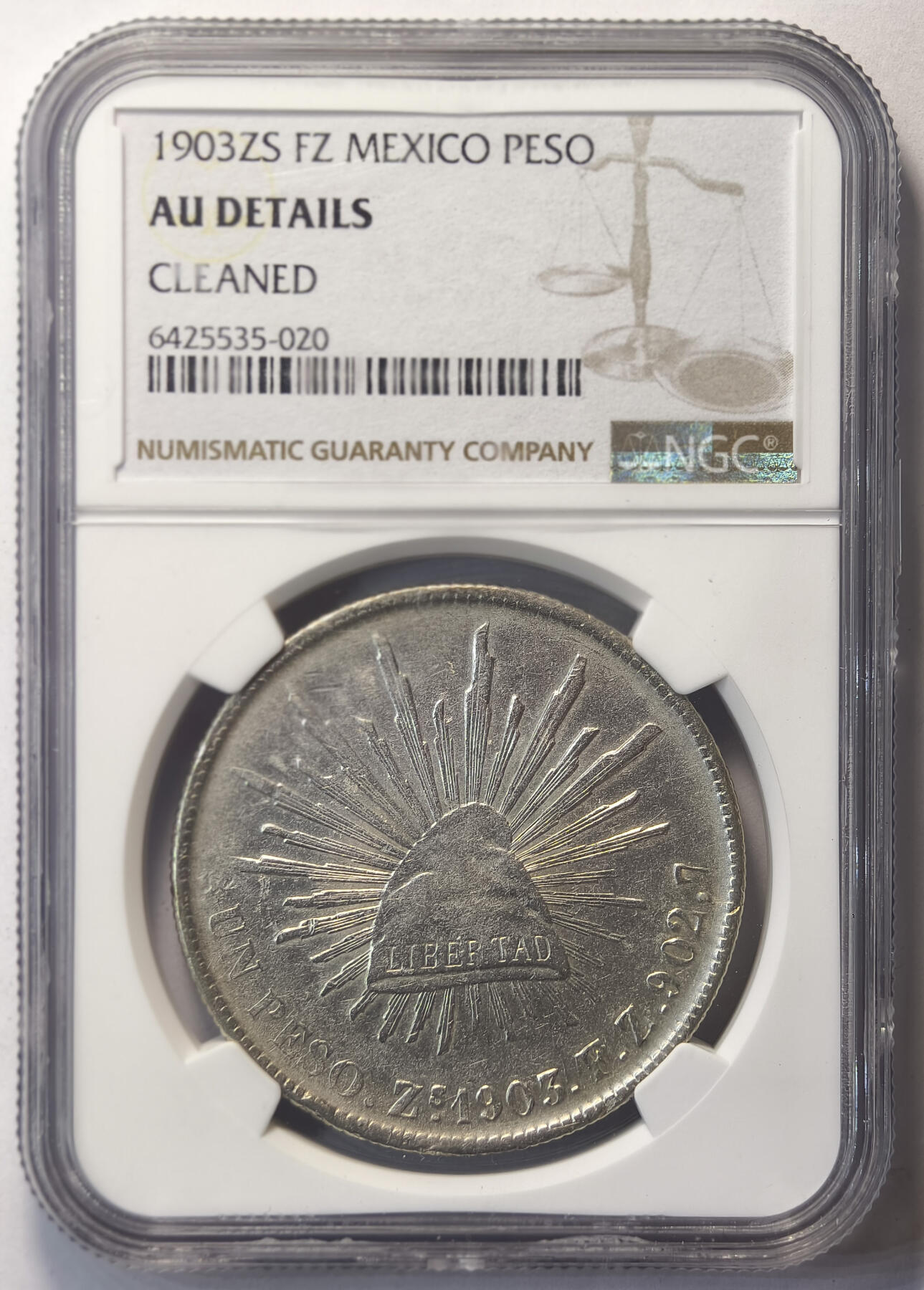 紫瑗钱币——第537期 墨西哥 1903年 ZS FZ 在华流通 直边鹰洋 1比索 银币 NGC AU DETAIL