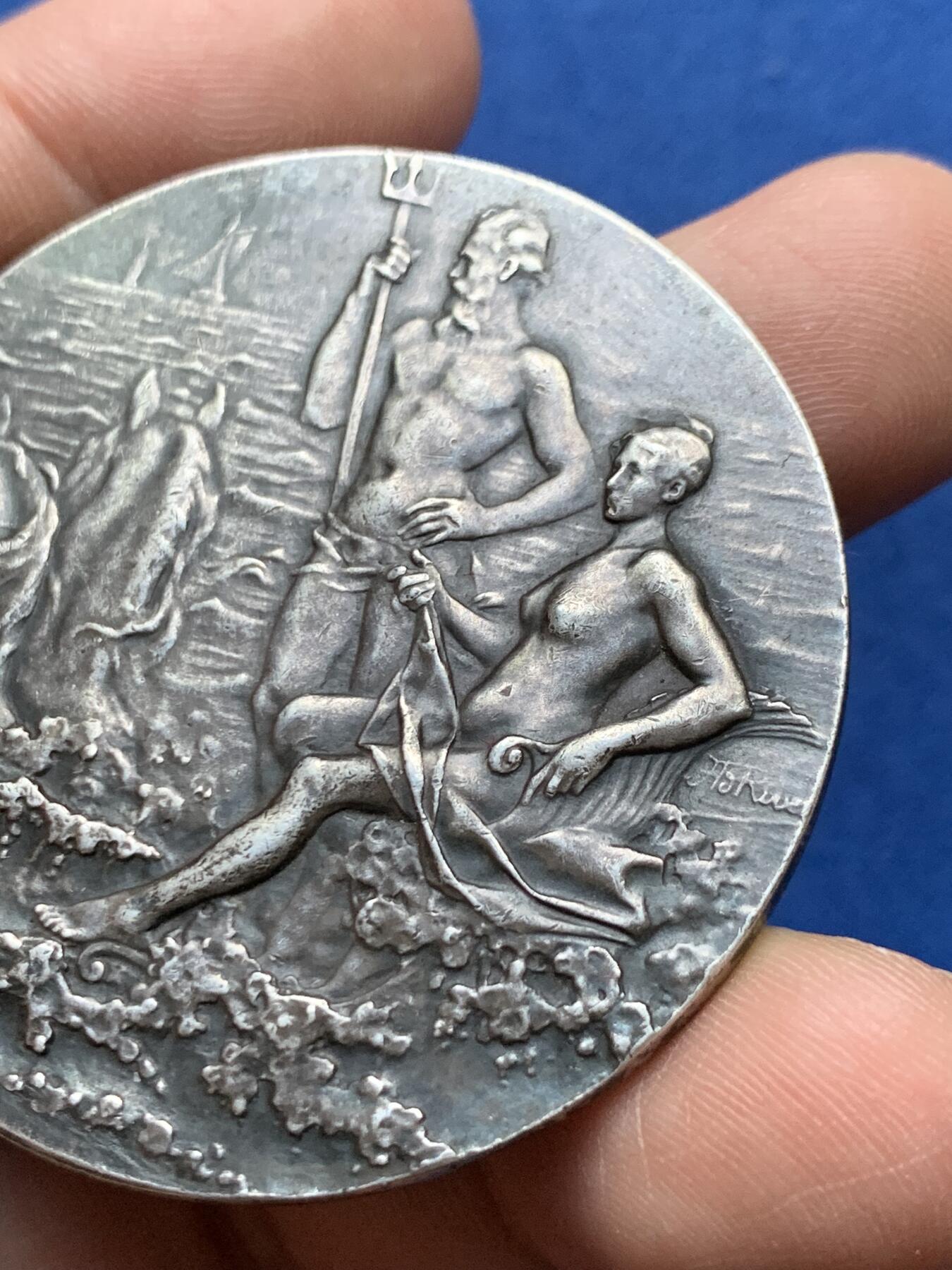 《竞宝斋》第375场 周日，周一，周二 3场连拍 （全场包邮） 法国马赛航海协会海王与海后银章，57g，49.5mm，丰饶角边铭