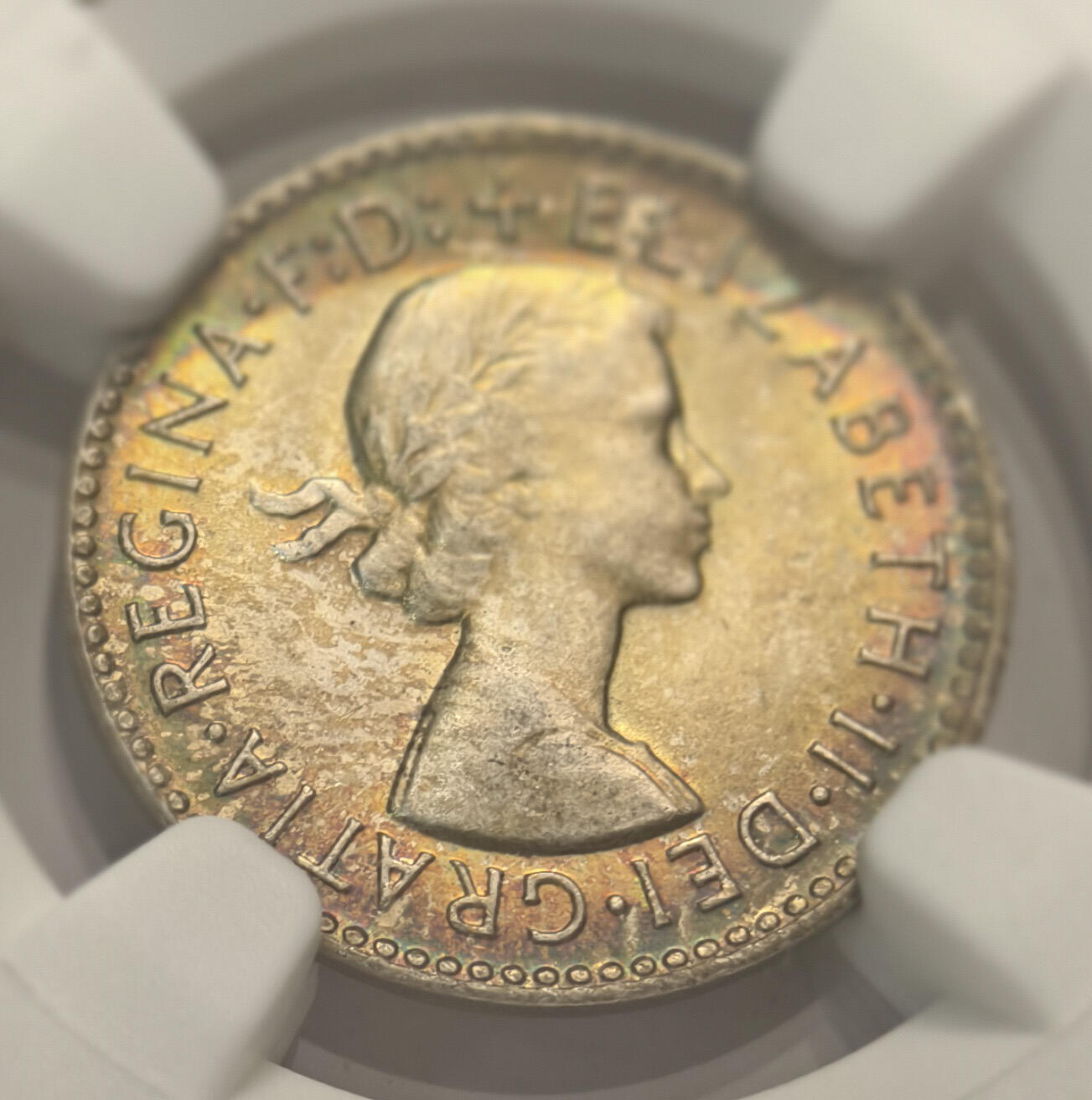 紫瑗钱币——第537期 澳大利亚 1963年 伊丽莎白二世 3便士 银币 NGC MS66 五彩包浆