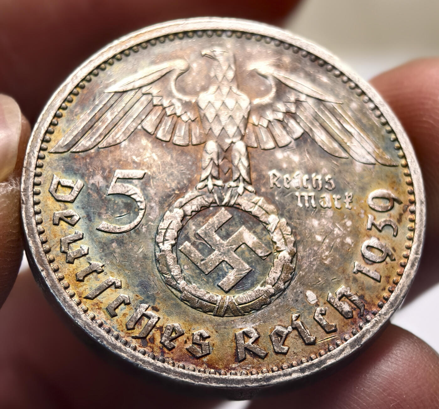 紫瑗钱币——第537期 德国 1939年 A版 兴登堡 字符 5马克 13.9克 0.9银 五彩绚丽包浆