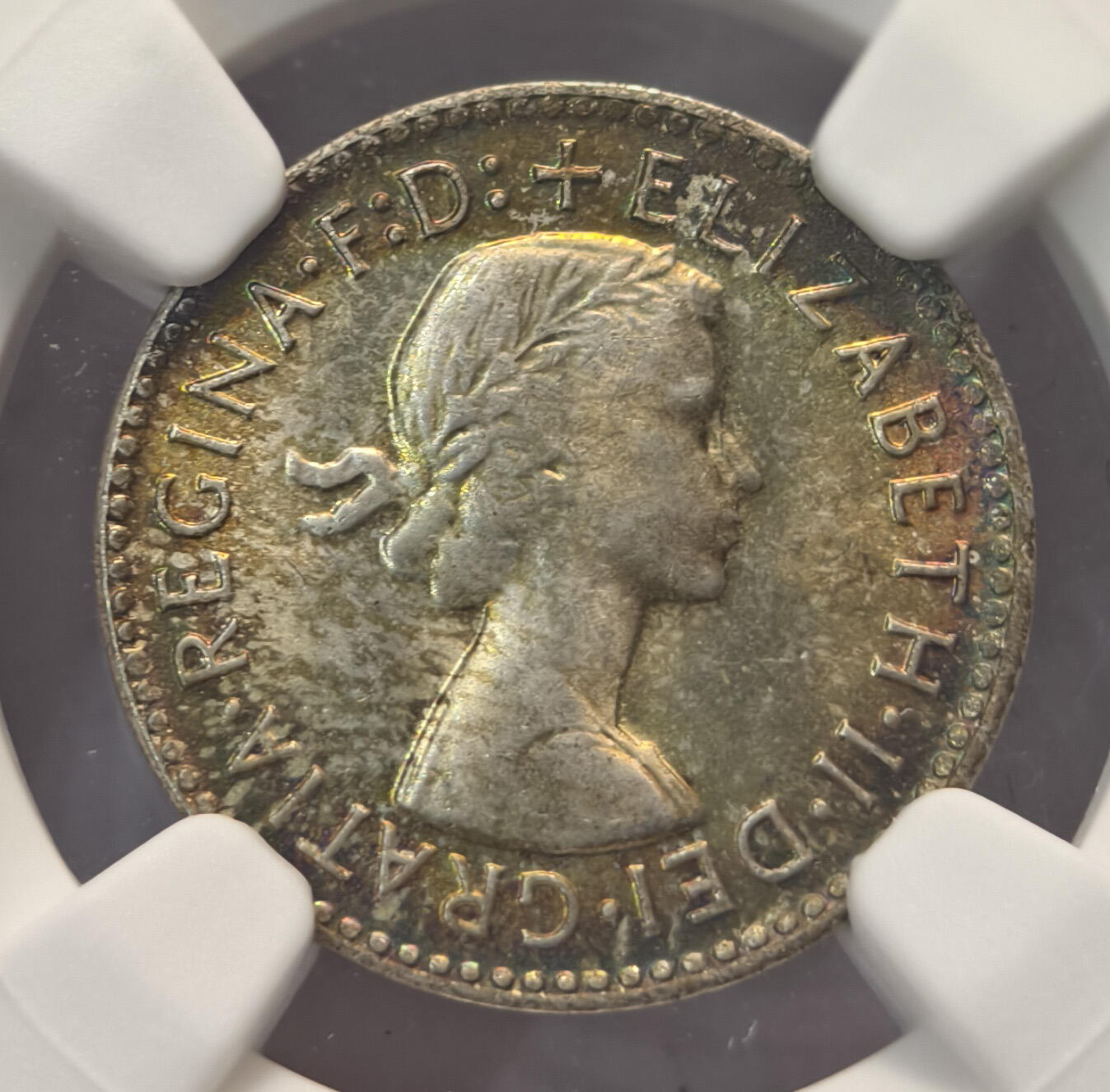 紫瑗钱币——第537期 澳大利亚 1963年 伊丽莎白二世 3便士 银币 NGC MS66 五彩包浆