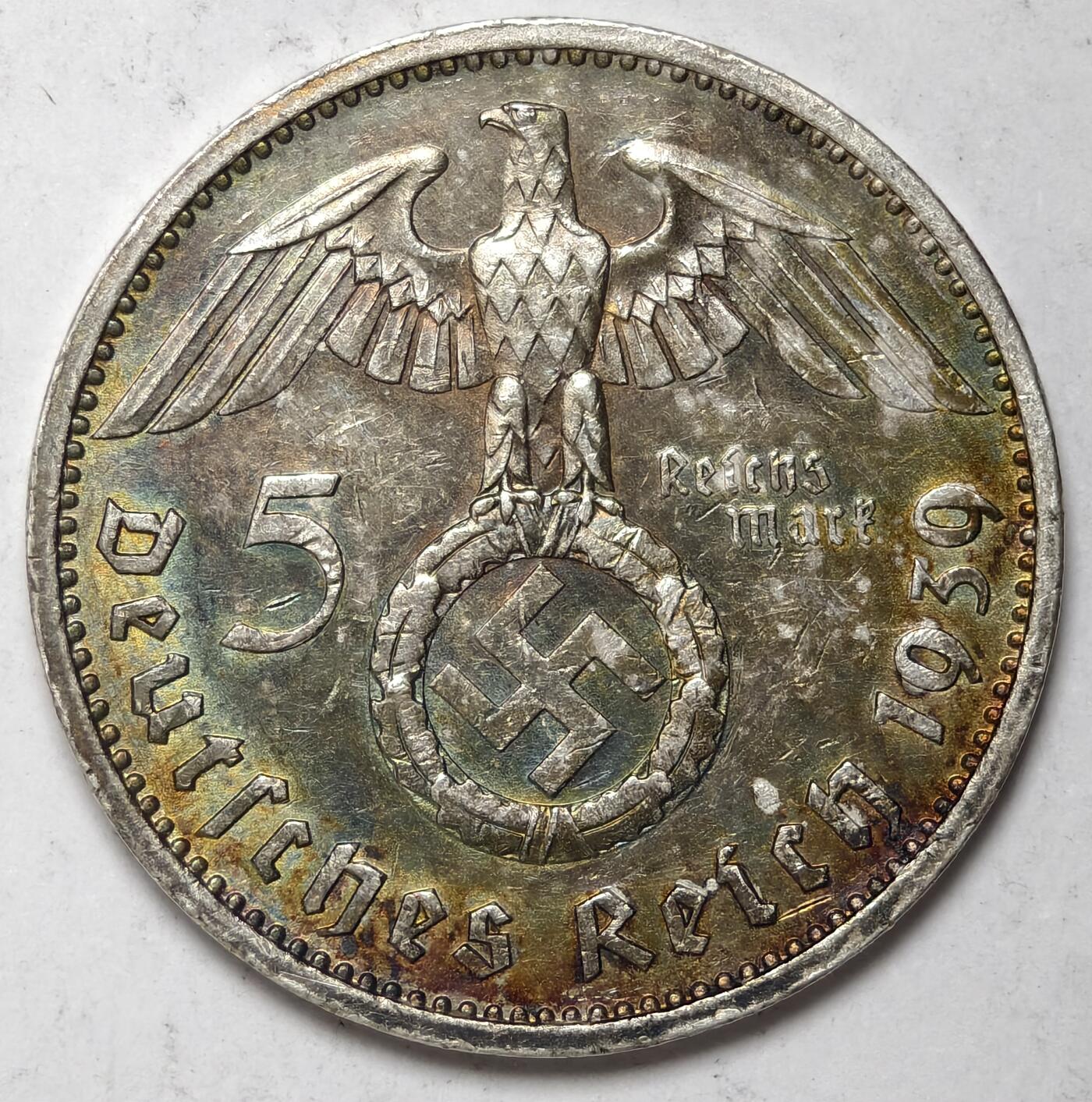 紫瑗钱币——第537期 德国 1939年 A版 兴登堡 字符 5马克 13.9克 0.9银 五彩绚丽包浆