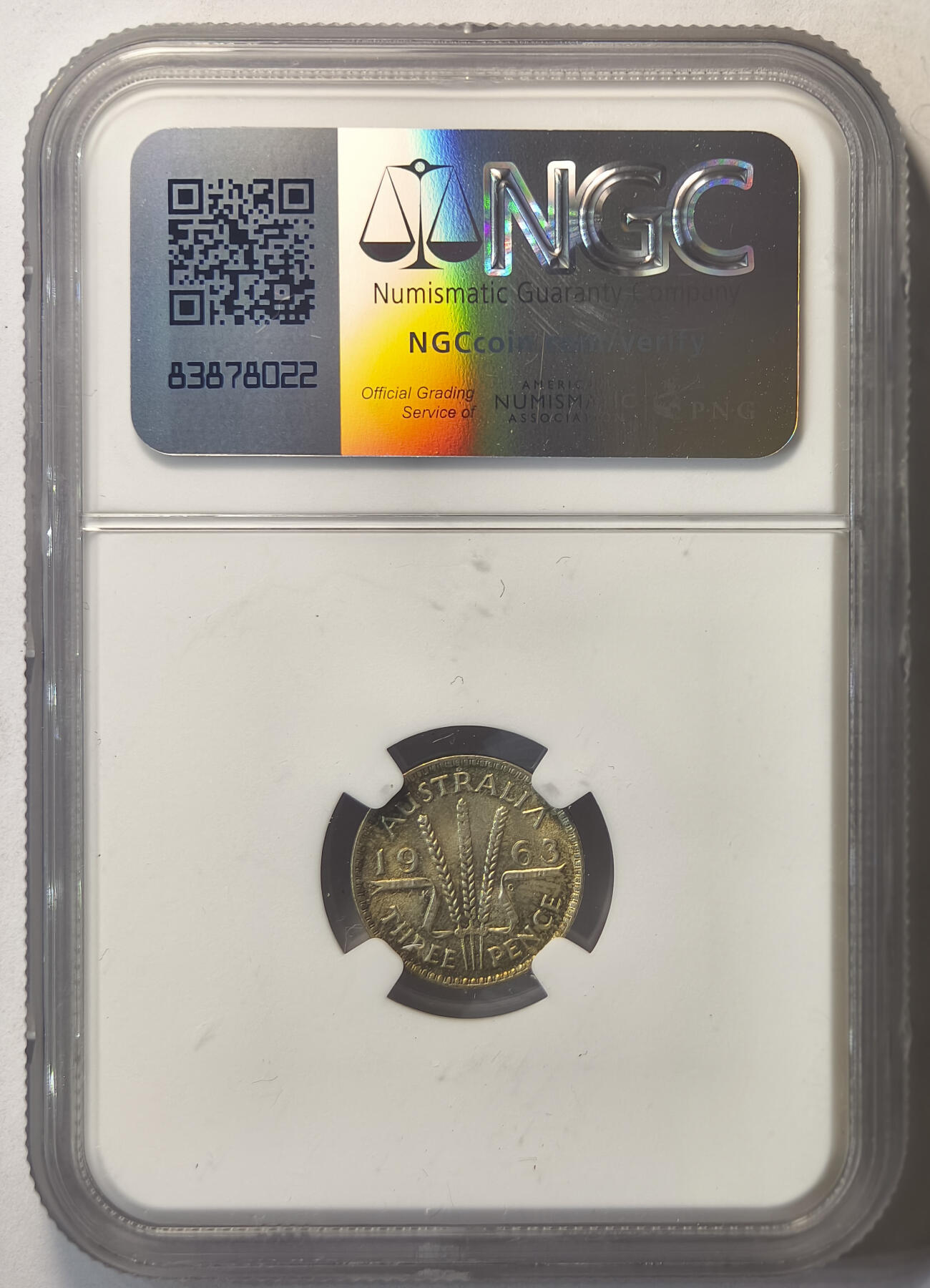 紫瑗钱币——第537期 澳大利亚 1963年 伊丽莎白二世 3便士 银币 NGC MS66 五彩包浆