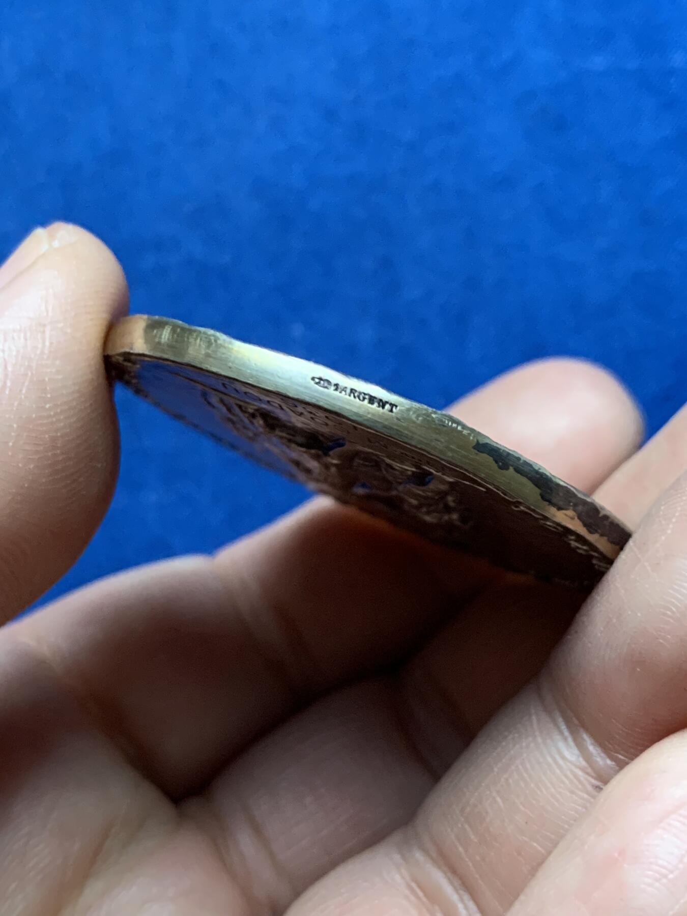 《竞宝斋》第375场 周日，周一，周二 3场连拍 （全场包邮） 1936年法国国家教育基金会纪念银章 丰饶角1银 带盒 43.4g 44.9mm