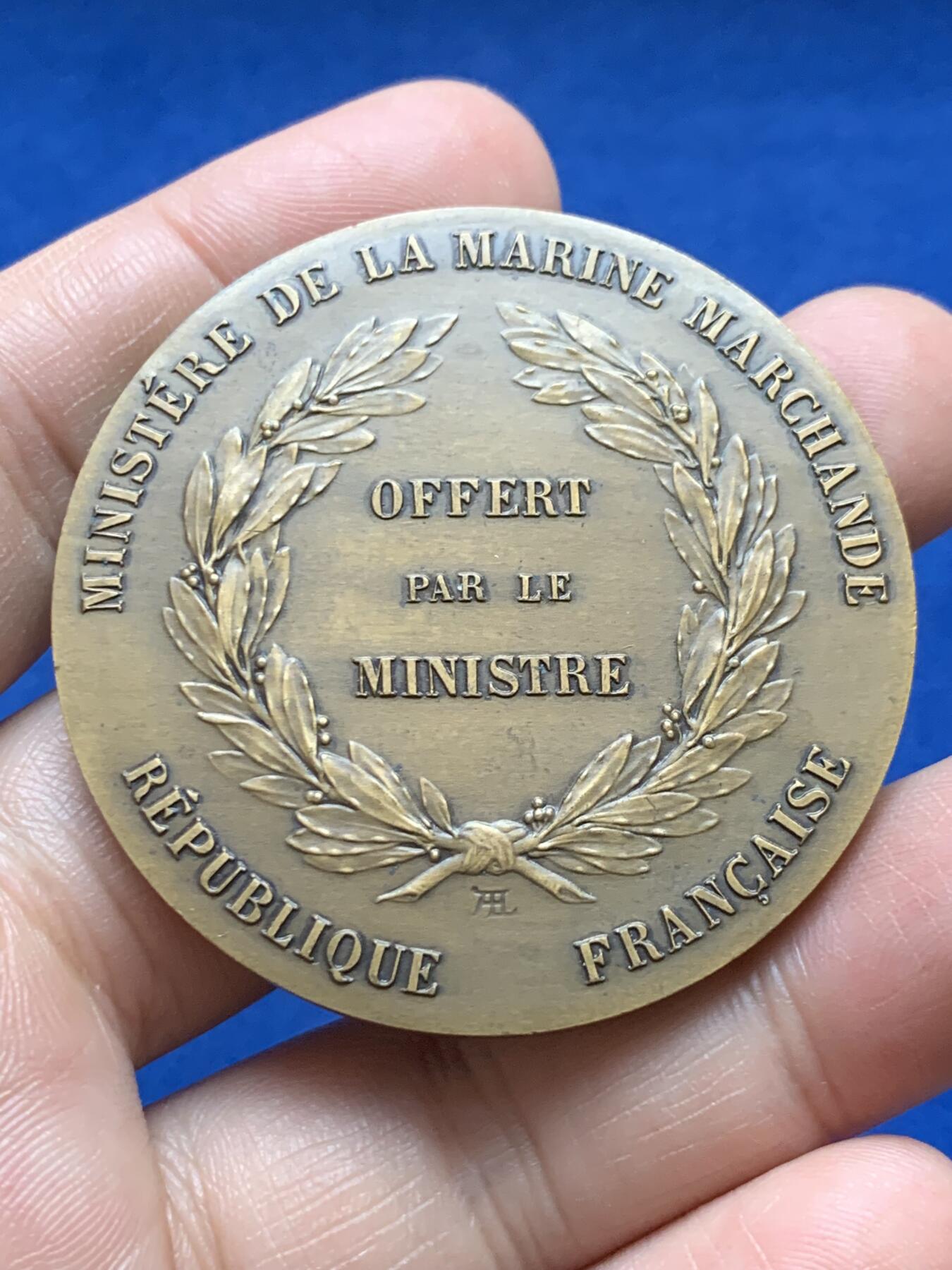 《竞宝斋》第375场 周日，周一，周二 3场连拍 （全场包邮） 法国体育部长颁发帆船比赛铜章 带盒 56.8g 49.8mm