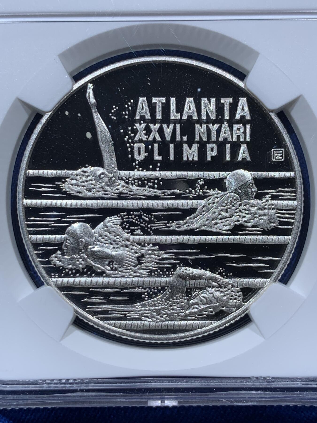 《竞宝斋》第373场 周日，周一，周二 3场连拍 （全场包邮） NGC PF68UC 匈牙利1994BP亚特兰大奥运会游泳1000弗林特精制银币，季军分，更高分仅有4枚