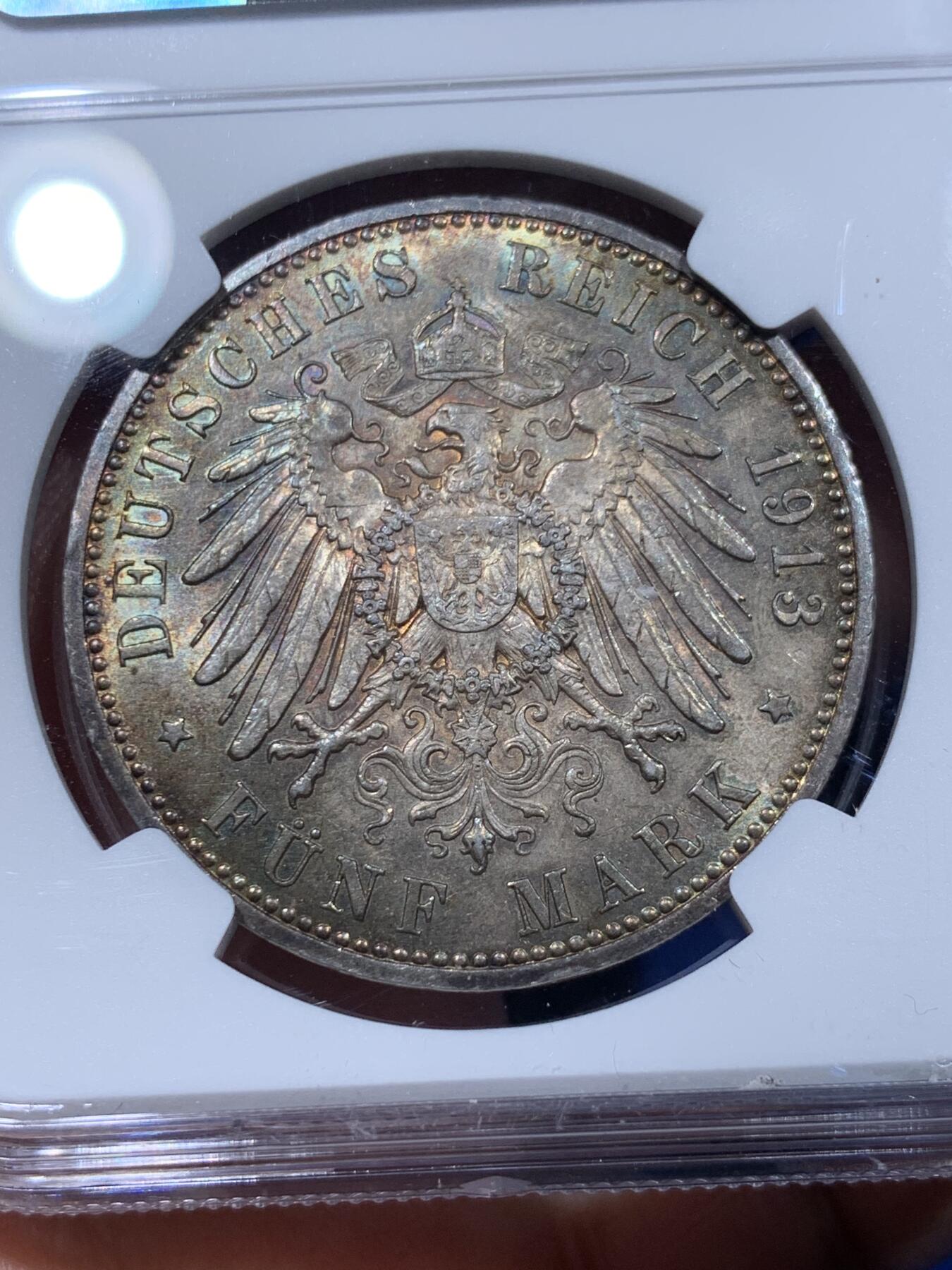 《竞宝斋》第373场 周日，周一，周二 3场连拍 （全场包邮） NGC UNCD 德国1913A普鲁士威廉三世军装5马克银币